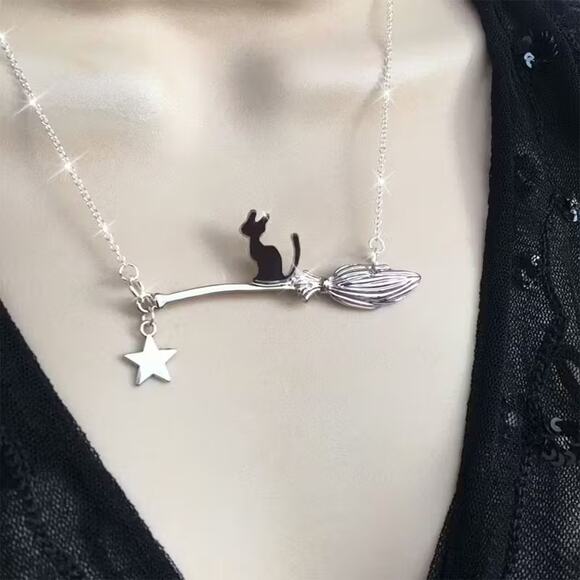 Wicked Silk Jewelry - Black Kitty Cat Broom Necklace Silver Witch Pendant Star Charm Chain Jewelry